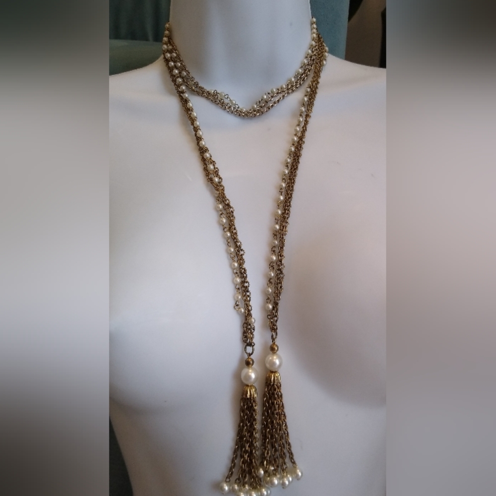 Faux Pearl Tassel Lariat Necklace